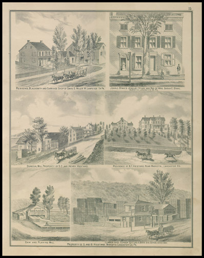 Res,Blacksmith & Carriage Shop of David S. Miller,John J. Stahl's Jewelry Store,Res. of B.F. Hiestand,Donegal Mill,S. and B. Hiestand Lumber Yard & Saw Mill