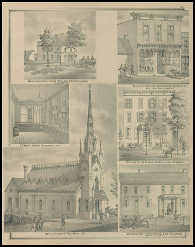 Brush Manufactury of Jacob Rotharmel,H. C. Kern's Jewelry Store,H. C. Boyd Dealer in Dry Goods,Res & Office of Dr. Jas M. Dunlap Dentist,Bethel Church of God,Johm M. Emsimge's Newspaper Book & Job Printing House