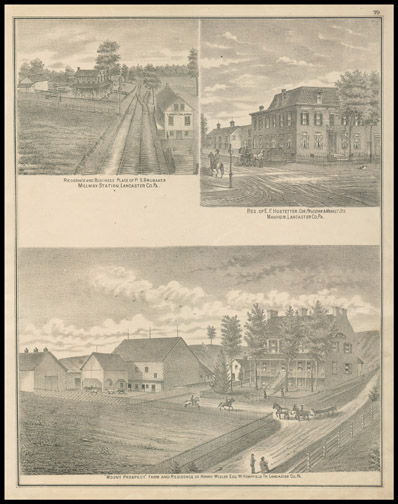 Res & Business Place of P. S. Brukaka,Res of E. F. Hostetter,Mount Prospect Far,& Residence of Henry Wisler