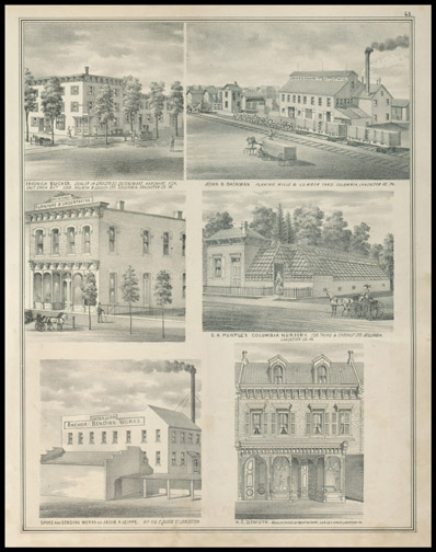 Fredrich Bucher - Dealer in Groceries,John B. Bachman - Plaining Mill & Lumber Yard,S.H. Purple's Columbia Nursery,David H Engles - Furniture & Undertaking,H.C. Demuth - Manufacturer of Snuff & Cigars
